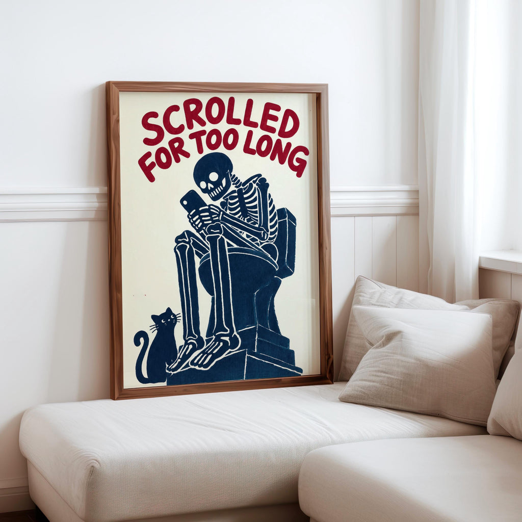 Scrolled For Too Long Wall Art, Funny Toilet Decor, Skeleton Reading Phone Print, Gothic Bathroom Poster, Dark Humor Cat Lover Gift