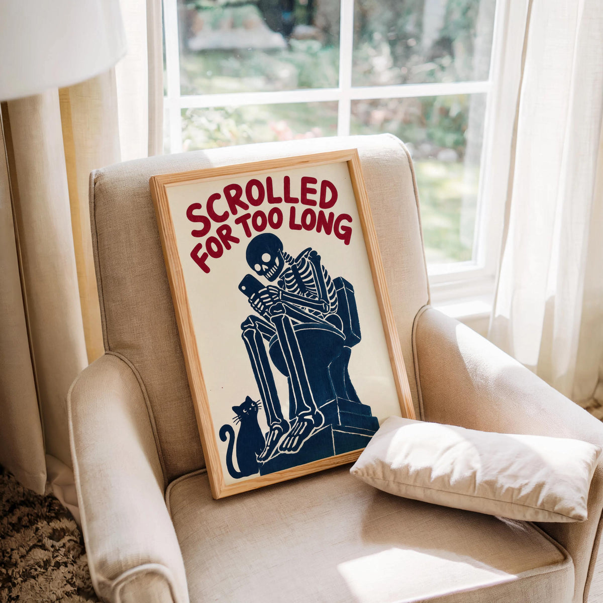 Scrolled For Too Long Wall Art, Funny Toilet Decor, Skeleton Reading Phone Print, Gothic Bathroom Poster, Dark Humor Cat Lover Gift