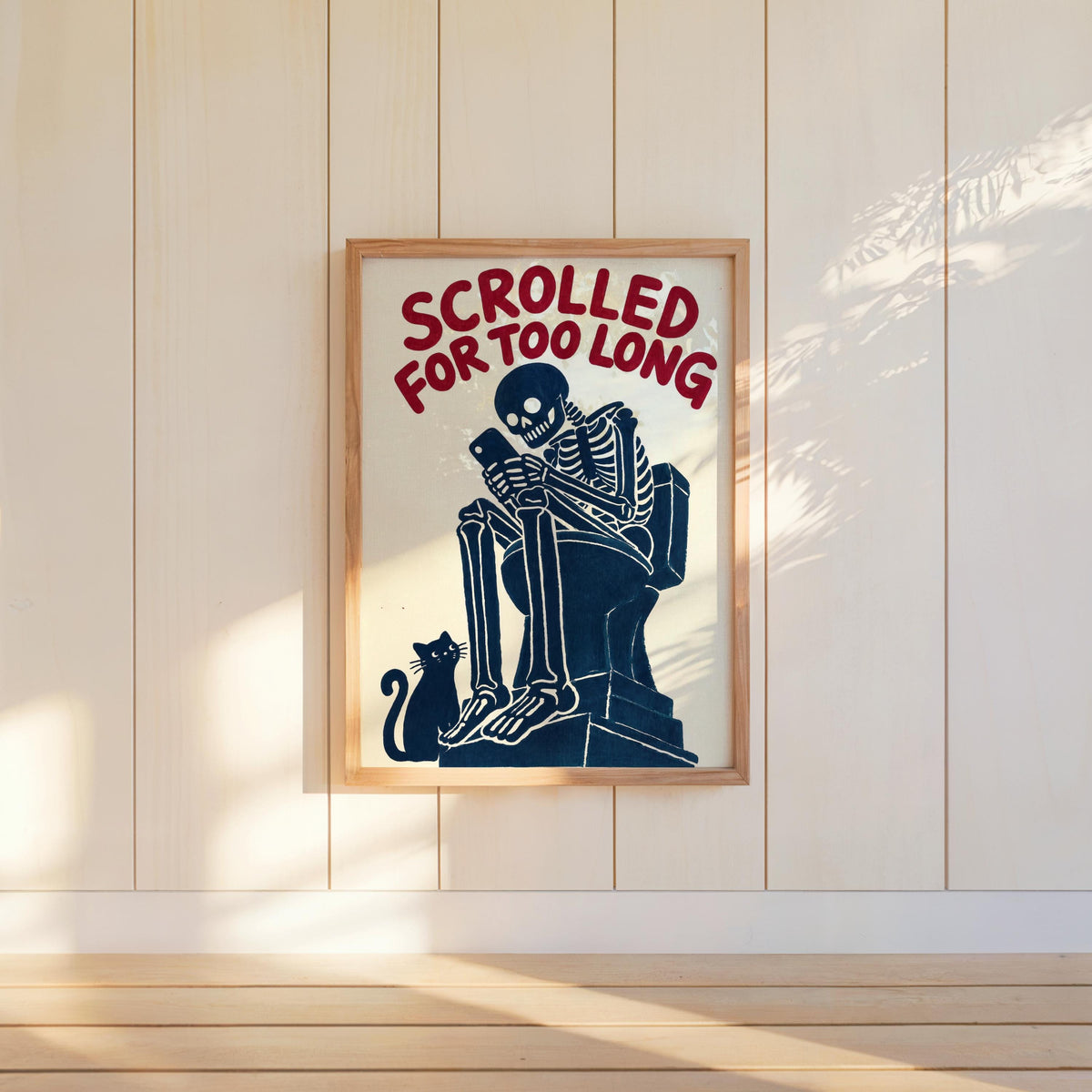 Scrolled For Too Long Wall Art, Funny Toilet Decor, Skeleton Reading Phone Print, Gothic Bathroom Poster, Dark Humor Cat Lover Gift