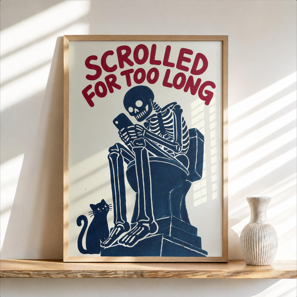 Scrolled For Too Long Wall Art, Funny Toilet Decor, Skeleton Reading Phone Print, Gothic Bathroom Poster, Dark Humor Cat Lover Gift