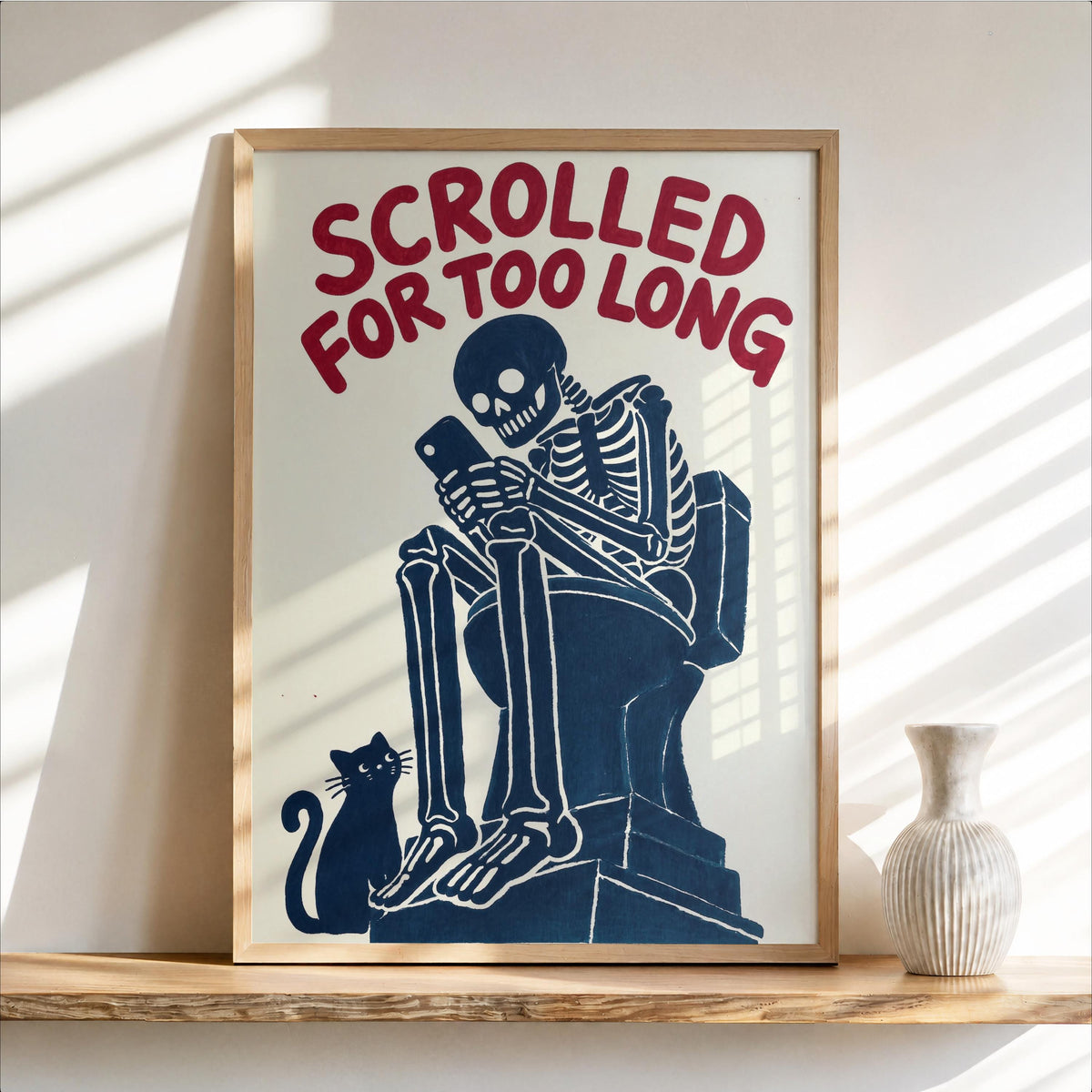 Scrolled For Too Long Wall Art, Funny Toilet Decor, Skeleton Reading Phone Print, Gothic Bathroom Poster, Dark Humor Cat Lover Gift