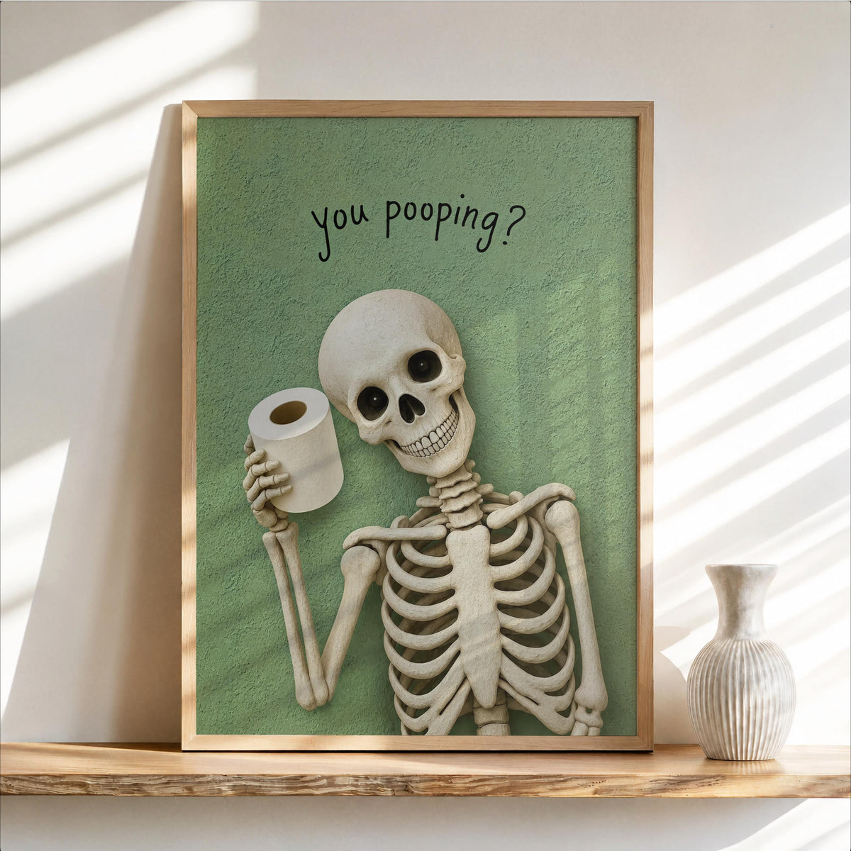 Funny Skeleton Bathroom Art, "You pooping?" Spooky Toilet Decor, Halloween Wall Print, Dark Humor Home Accent, Quirky Skull Illustration