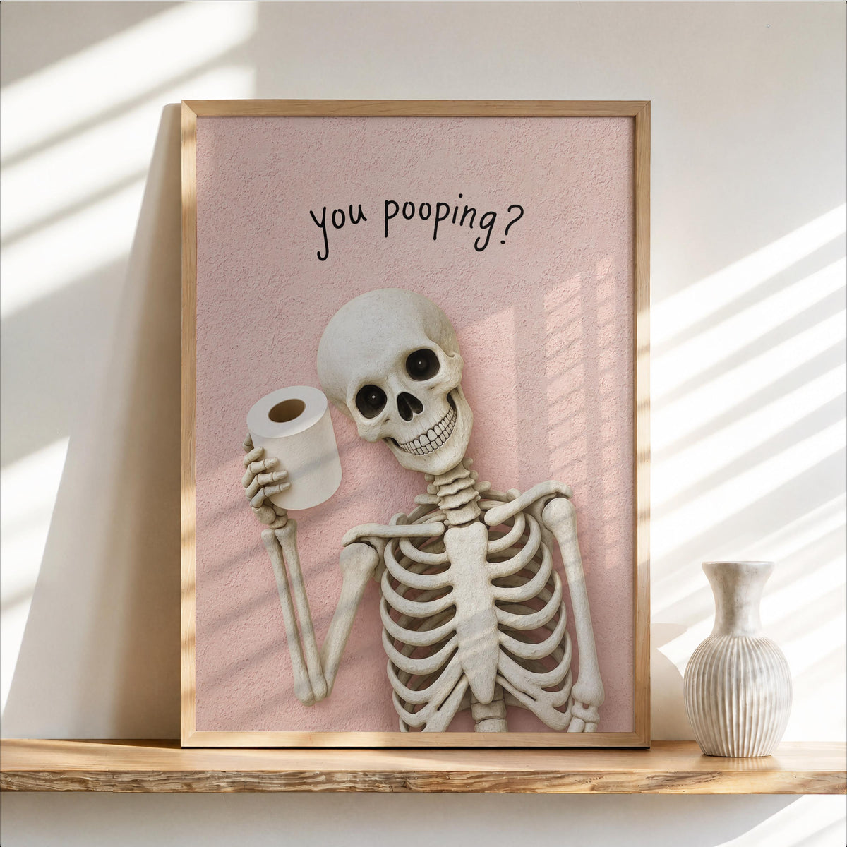 Funny Skeleton Bathroom Art, "You pooping?" Spooky Toilet Decor, Halloween Wall Print, Dark Humor Home Accent, Quirky Skull Illustration