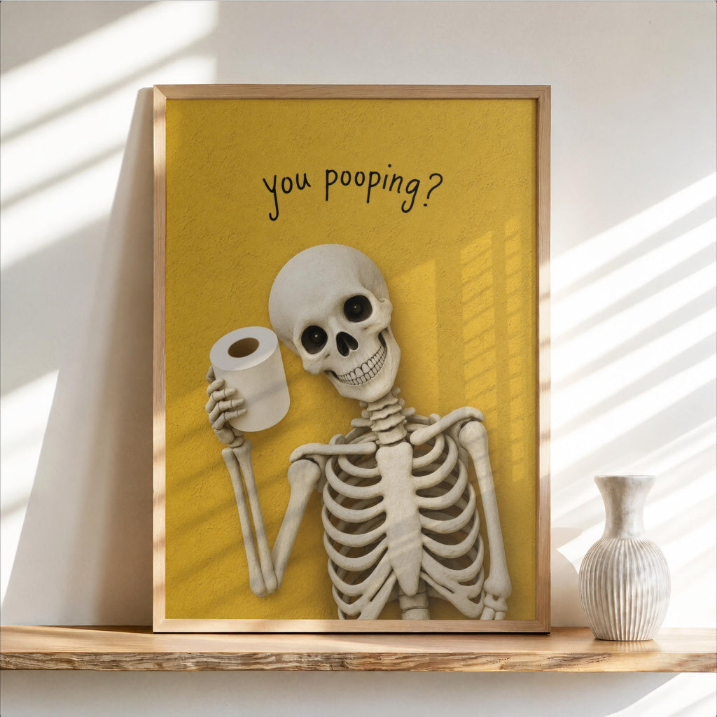 Funny Skeleton Bathroom Art, "You pooping?" Spooky Toilet Decor, Halloween Wall Print, Dark Humor Home Accent, Quirky Skull Illustration