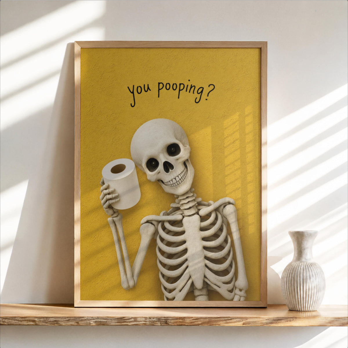 Funny Skeleton Bathroom Art, "You pooping?" Spooky Toilet Decor, Halloween Wall Print, Dark Humor Home Accent, Quirky Skull Illustration