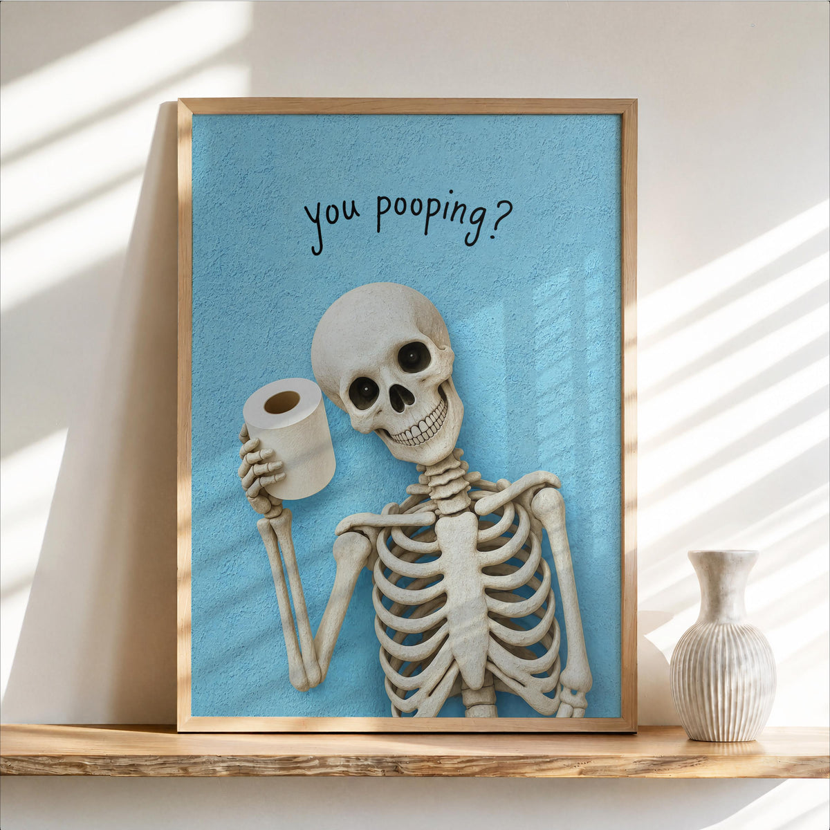 Funny Skeleton Bathroom Art, "You pooping?" Spooky Toilet Decor, Halloween Wall Print, Dark Humor Home Accent, Quirky Skull Illustration