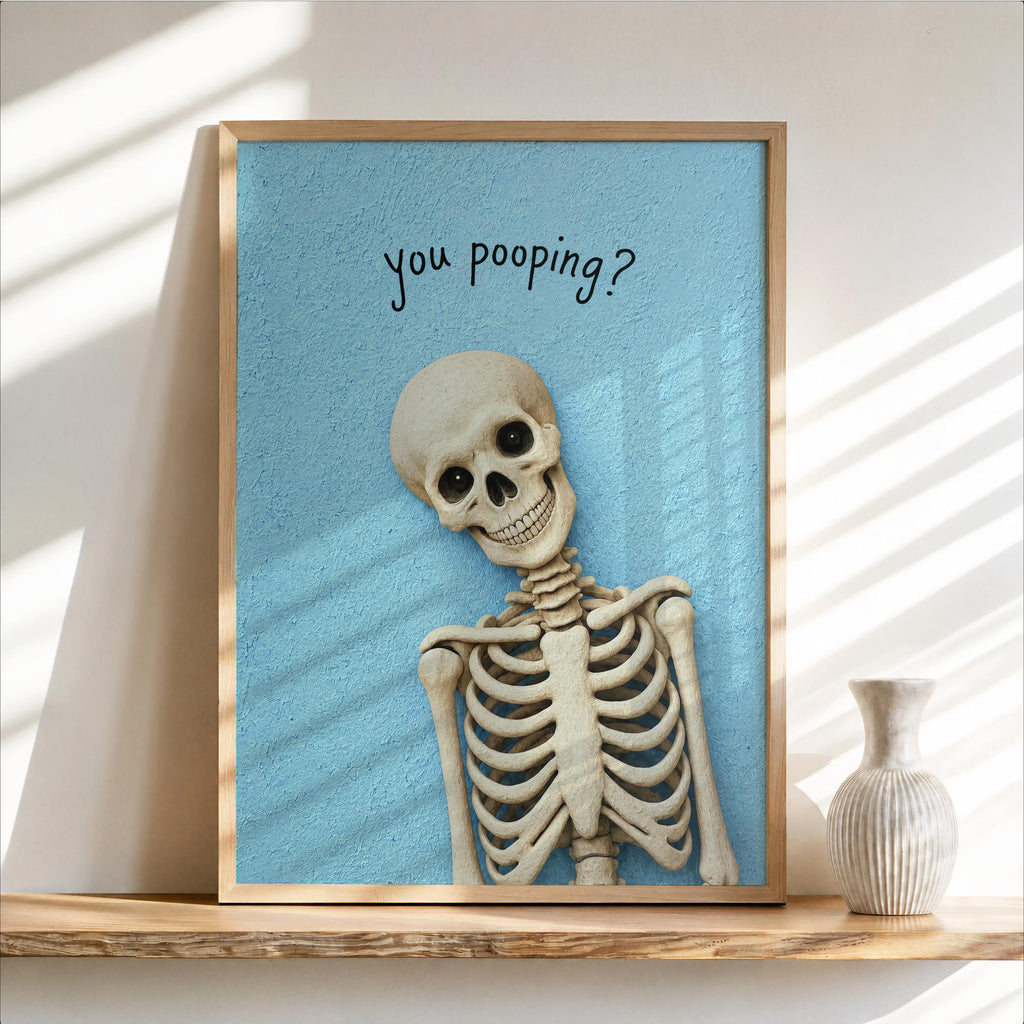 Are you poopinng Skeleton Toilet Humor Print, Funny Skull Bathroom Wall Art, Spooky Restroom Decor, Quirky Halloween Accent, Goth Home Gift