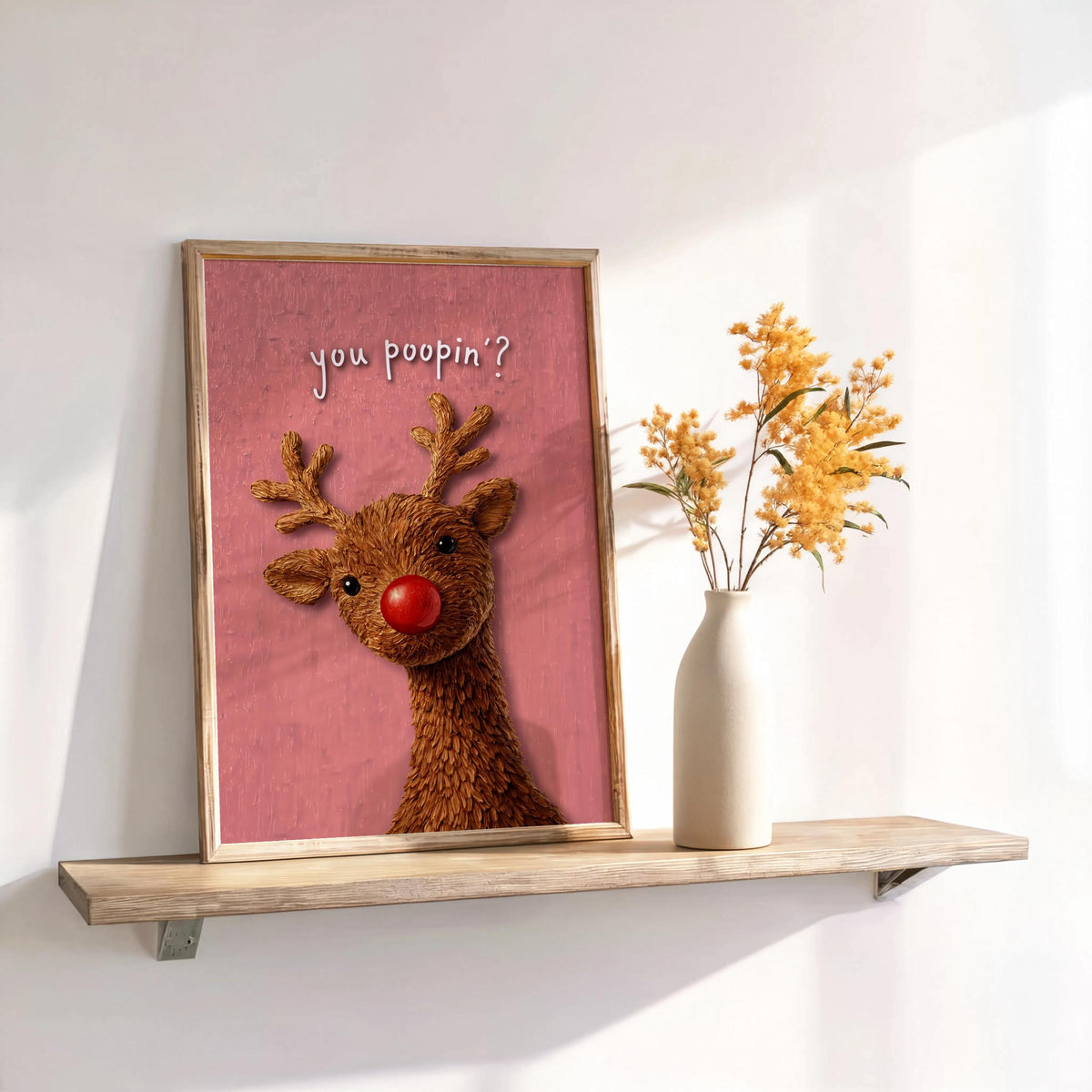 Pink background Rudolph leaning on shelf, cheeky You poopin bathroom sign, perfect funny Christmas toilet art accent