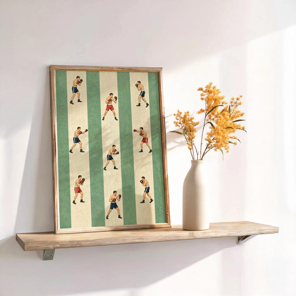 Green-striped vintage boxer poster on a wooden shelf, framed, evokes boxing gym decor with tiny illustrated fighters