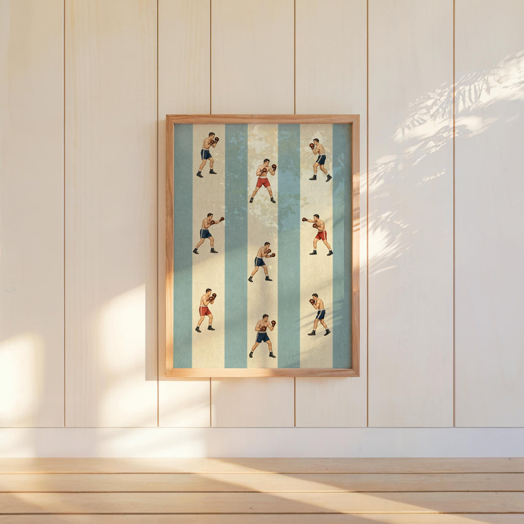 Blue vintage boxing wall art hung on paneled wall, warm sunlight casting shadows across rows of tiny fighters