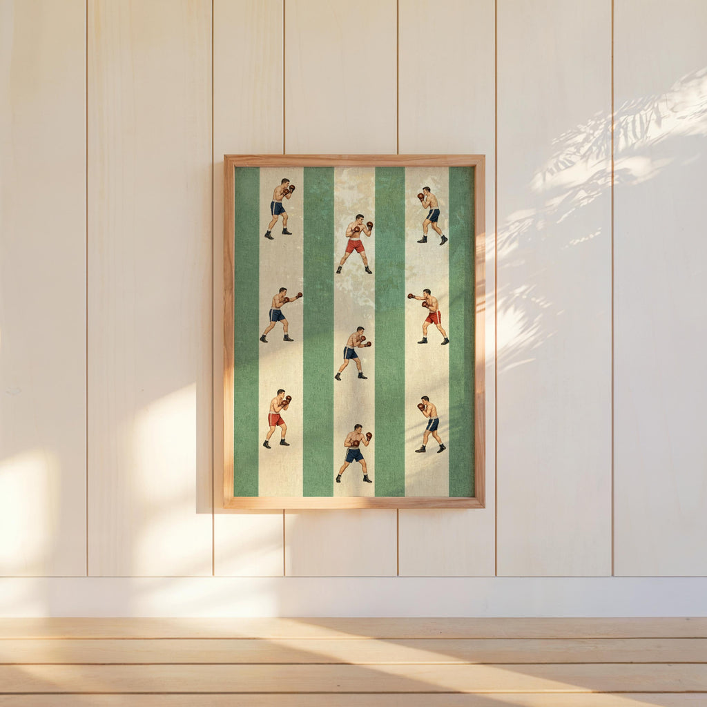 Green and cream striped retro boxing poster centered on paneled wall, mid century sports art mood and soft light