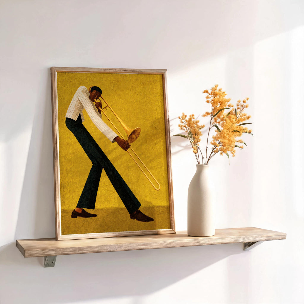 Jazz trombone wall art, ochre print leaning on shelf with ceramic vase, styled retro music room decor.