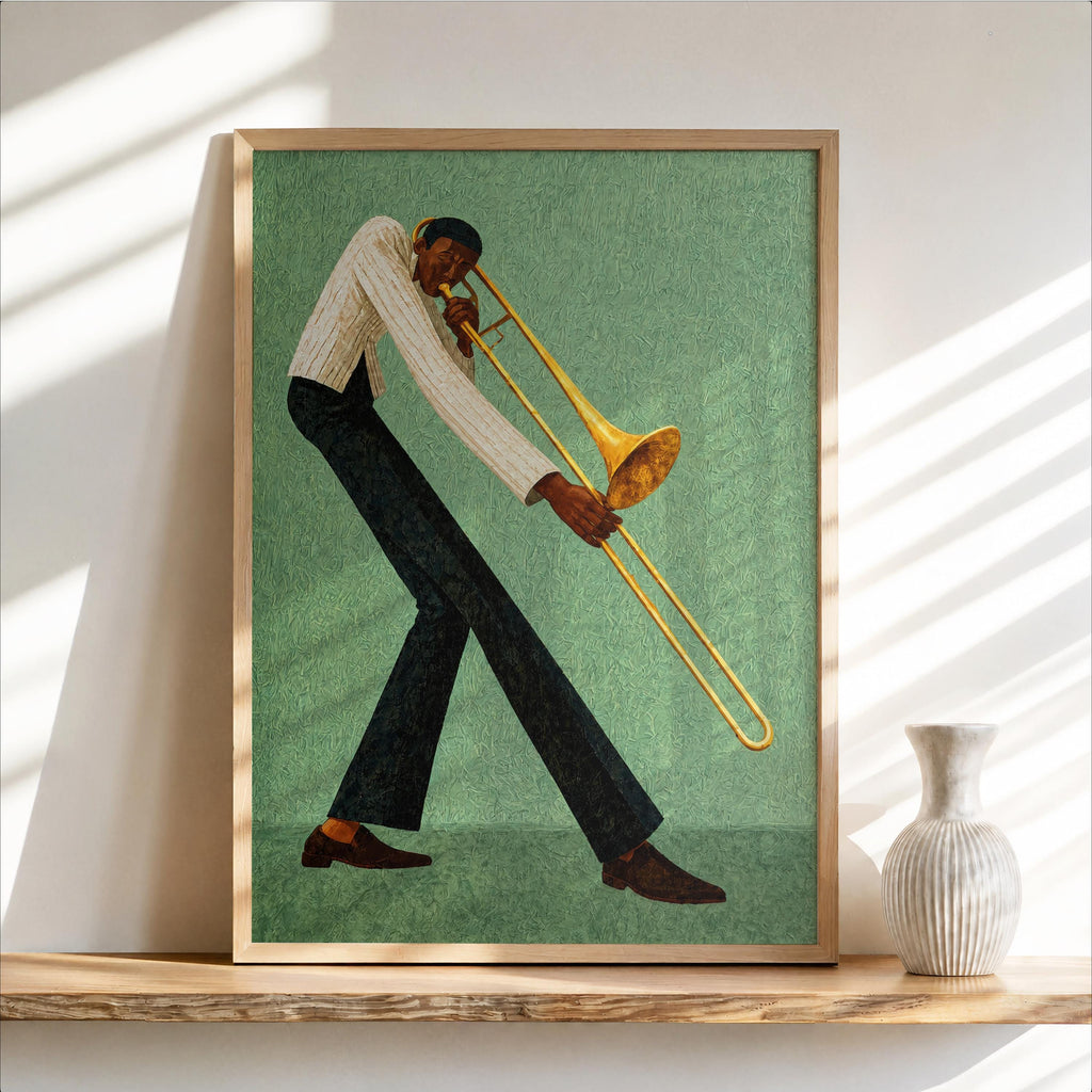 Jazz trombone wall art on mint green, elongated player pose, painterly texture, retro music decor.