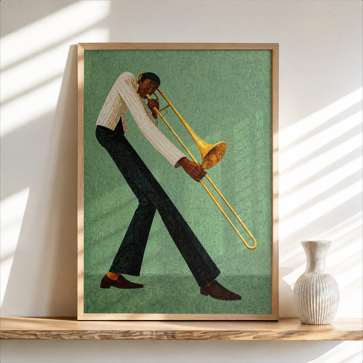 Jazz trombone wall art on mint green, elongated player pose, painterly texture, retro music decor.