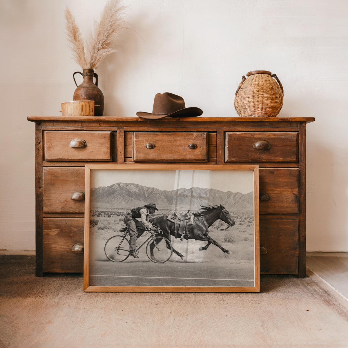 Cowboy on Bike VS Horse Racing Wall Art, Funny Vintage Western Print, Rustic Americana Decor, Cycling Gift for Cyclist, Old West Poster