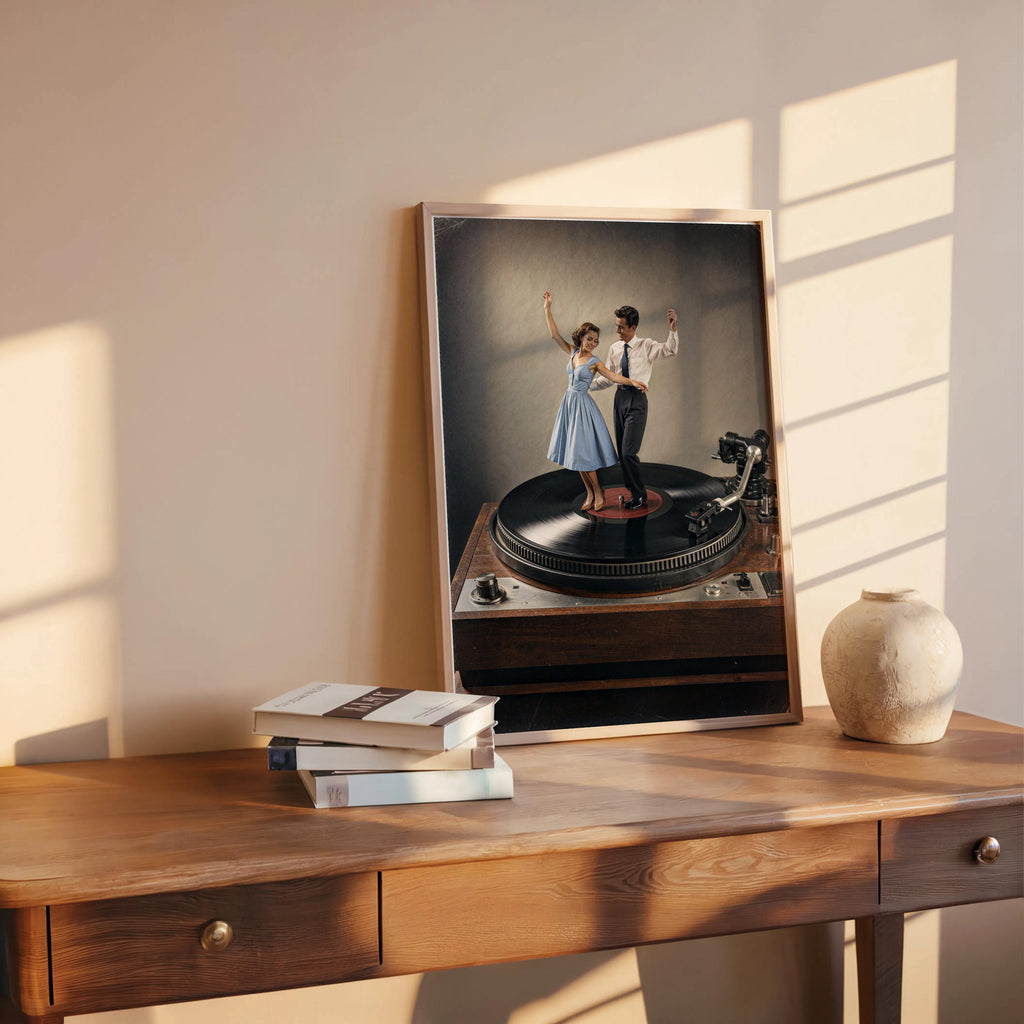 Leaned color record player wall art on desk, vintage living room decor styling with books and a small vase