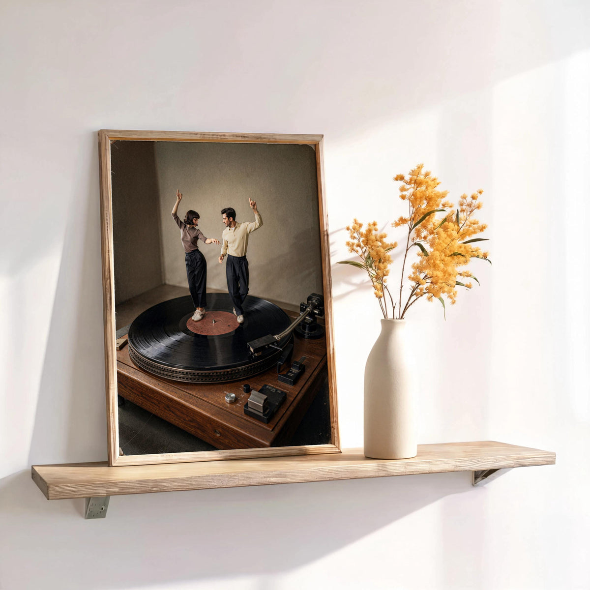 Shelf display dancing couple wall art beside dried flowers, mid century modern wall art vibe, framed print