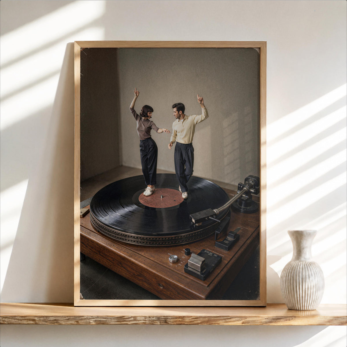 Muted color dancing couple wall art, vintage record player wall art feel, framed print on shelf