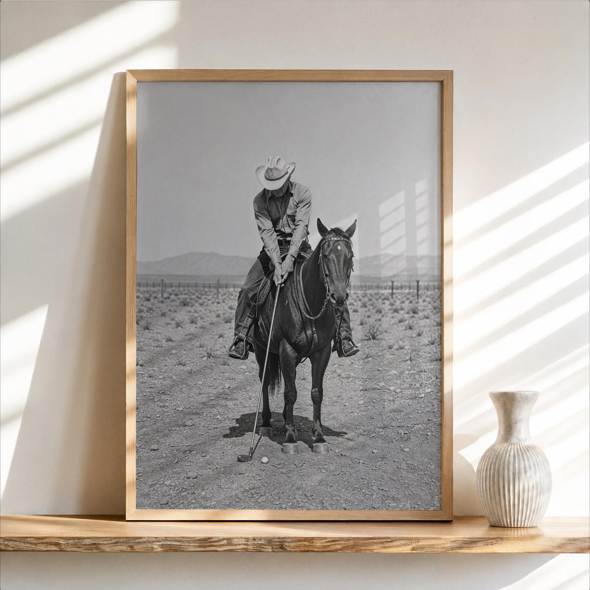 Cowboy Golf Art, Vintage Horse Rider Photography, Western Wall Poster, Equestrian Ranch Decor, Funny Black & White Golfer Gift, Funny Photo