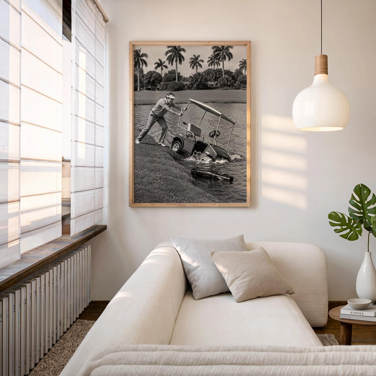 Angry golfer poster above modern sofa near tall window, black and white vintage golf wall art.