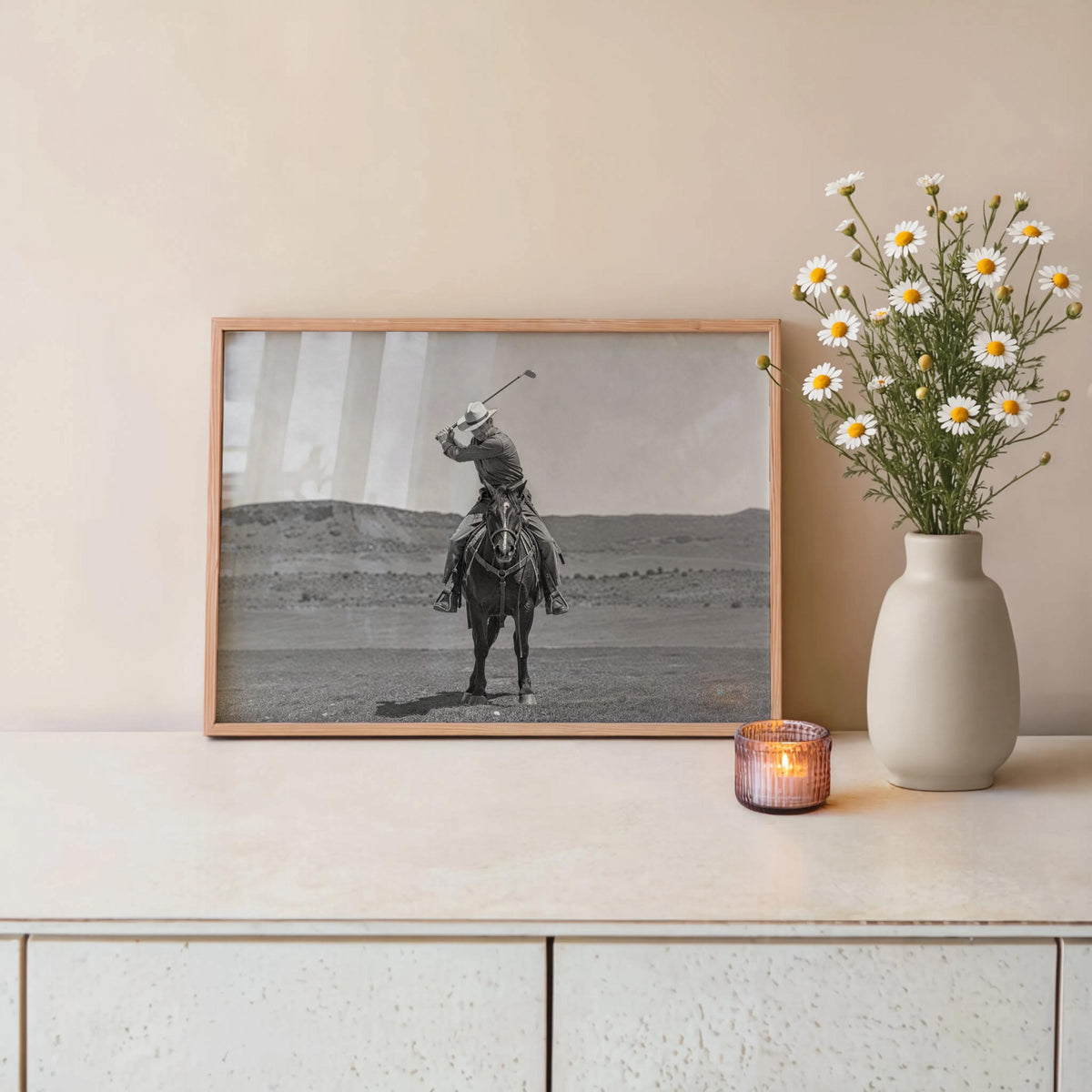 Western Golfer Poster, Cowboy Riding Horse With Golf Club, Retro Black and White Photography, Old West Golf Lover Gift, Funny Photography