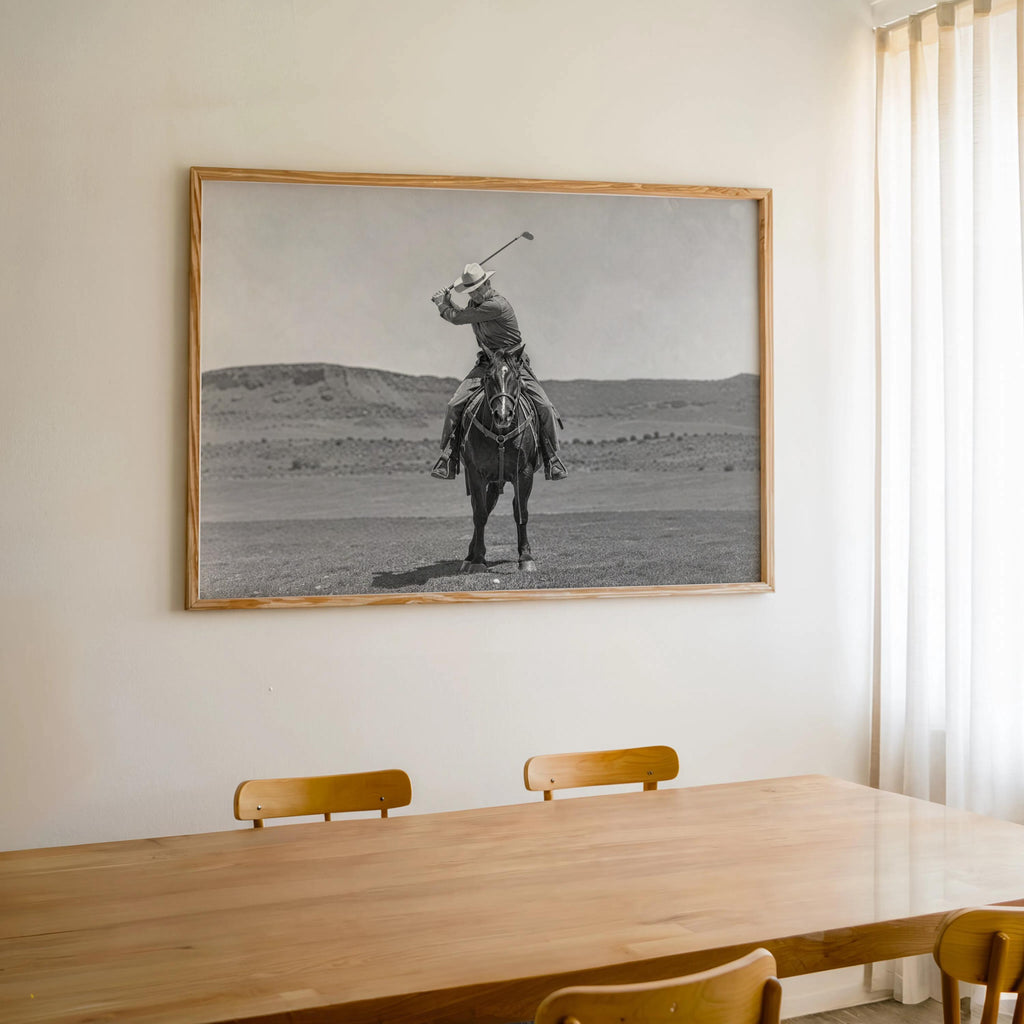 Western Golfer Poster, Cowboy Riding Horse With Golf Club, Retro Black and White Photography, Old West Golf Lover Gift, Funny Photography