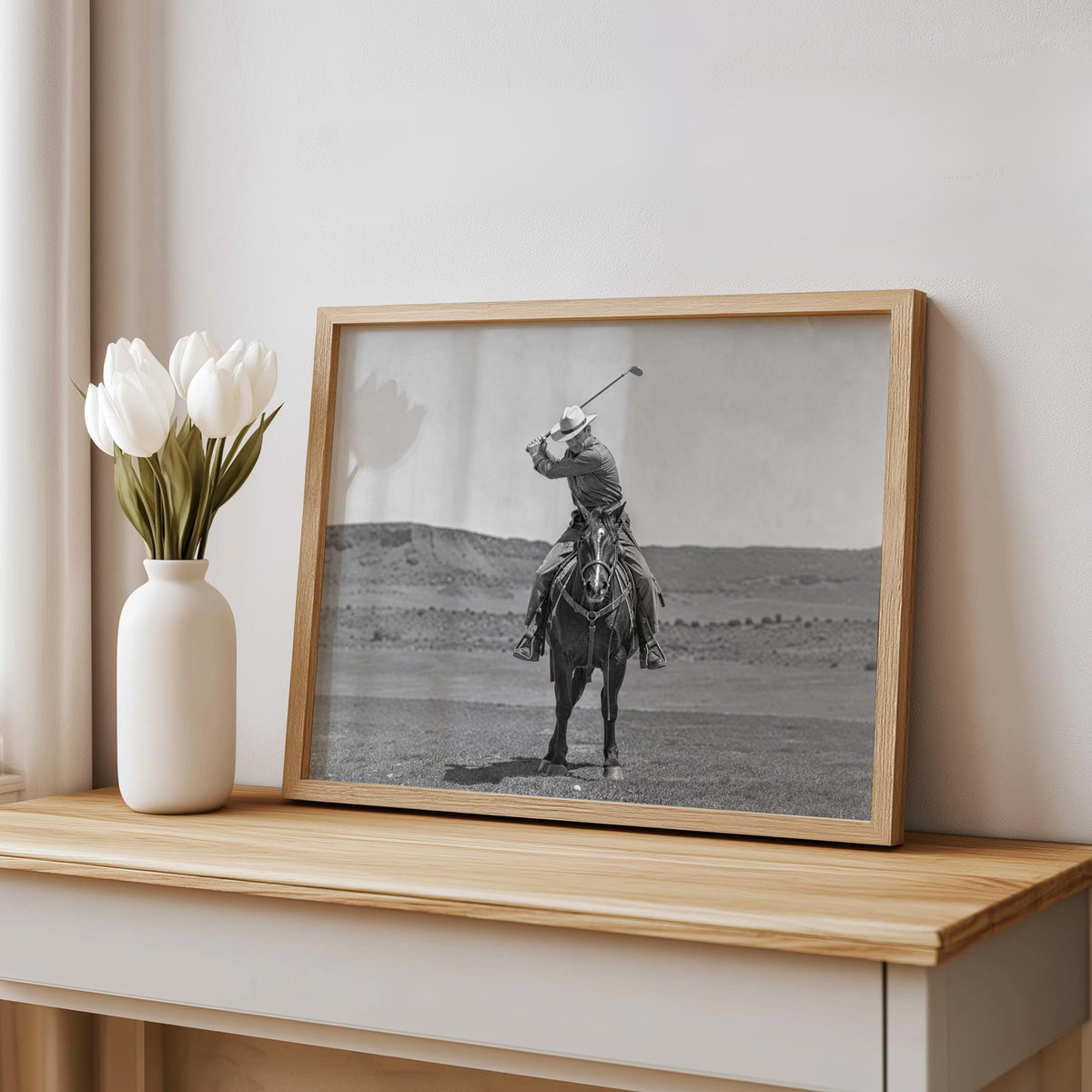 Western Golfer Poster, Cowboy Riding Horse With Golf Club, Retro Black and White Photography, Old West Golf Lover Gift, Funny Photography