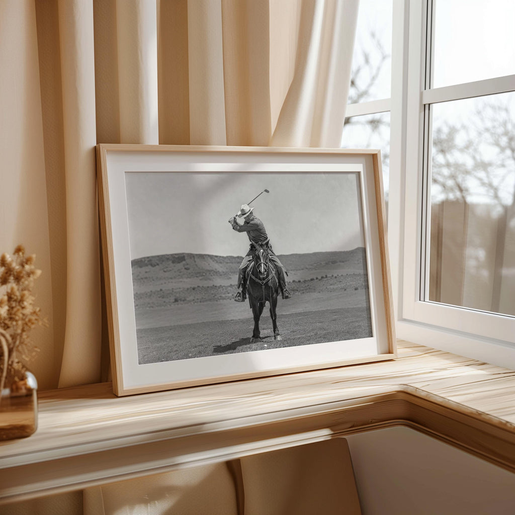 Western Golfer Poster, Cowboy Riding Horse With Golf Club, Retro Black and White Photography, Old West Golf Lover Gift, Funny Photography