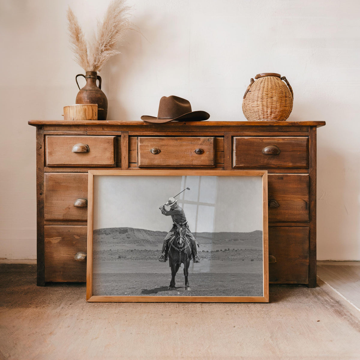 Western Golfer Poster, Cowboy Riding Horse With Golf Club, Retro Black and White Photography, Old West Golf Lover Gift, Funny Photography