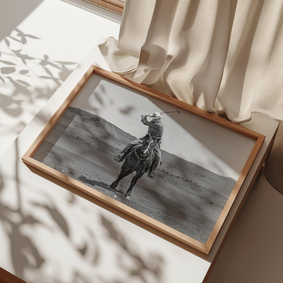 Western Golfer Poster, Cowboy Riding Horse With Golf Club, Retro Black and White Photography, Old West Golf Lover Gift, Funny Photography