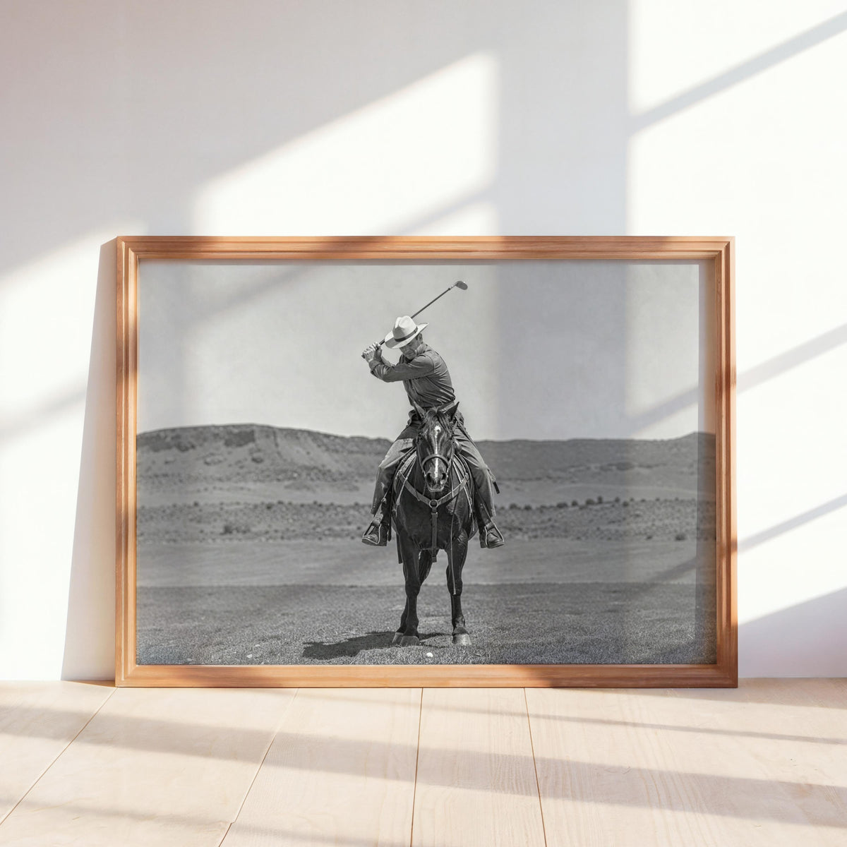 Western Golfer Poster, Cowboy Riding Horse With Golf Club, Retro Black and White Photography, Old West Golf Lover Gift, Funny Photography