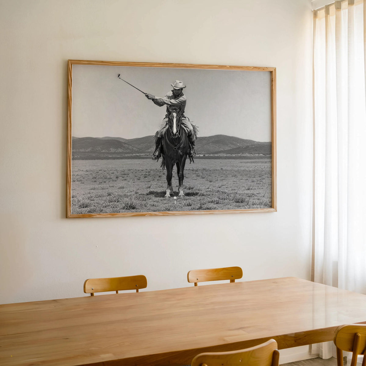 Cowboy Playing Golf Wall Art, Vintage Western Print, Black and White Horse Poster, Funny Golf Decor, Rustic Man Cave Photography
