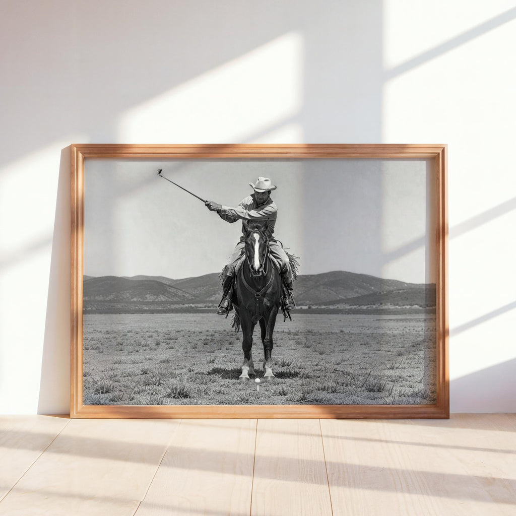 Cowboy Playing Golf Wall Art, Vintage Western Print, Black and White Horse Poster, Funny Golf Decor, Rustic Man Cave Photography