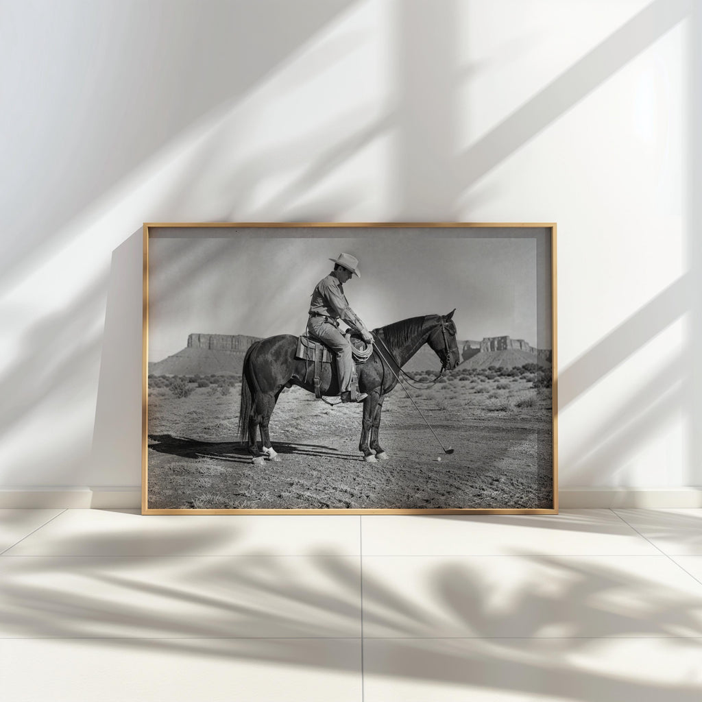 Cowboy Playing Golf Print, Vintage Western Wall Art, Black and White Horse Photography, Funny Golf Decor, Rustic Man Cave Poster