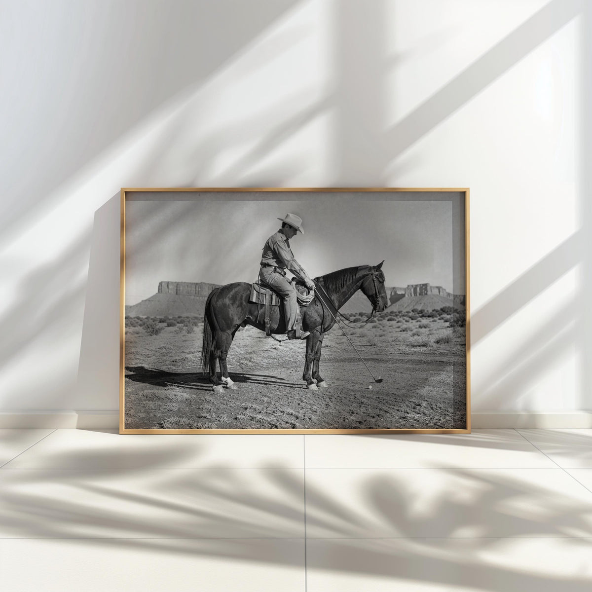 Cowboy Playing Golf Print, Vintage Western Wall Art, Black and White Horse Photography, Funny Golf Decor, Rustic Man Cave Poster