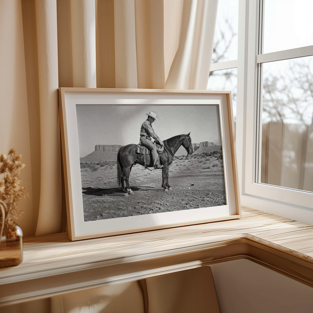 Cowboy Playing Golf Print, Vintage Western Wall Art, Black and White Horse Photography, Funny Golf Decor, Rustic Man Cave Poster
