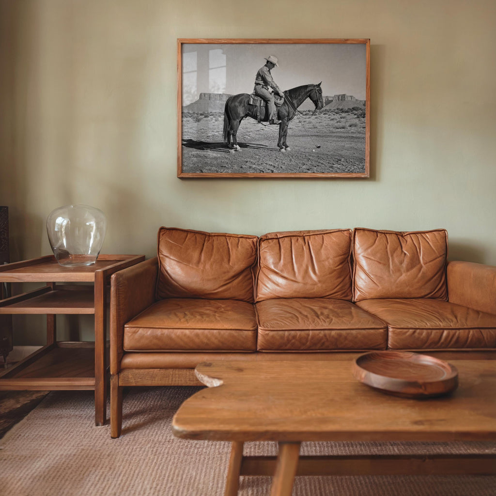 Cowboy Playing Golf Print, Vintage Western Wall Art, Black and White Horse Photography, Funny Golf Decor, Rustic Man Cave Poster