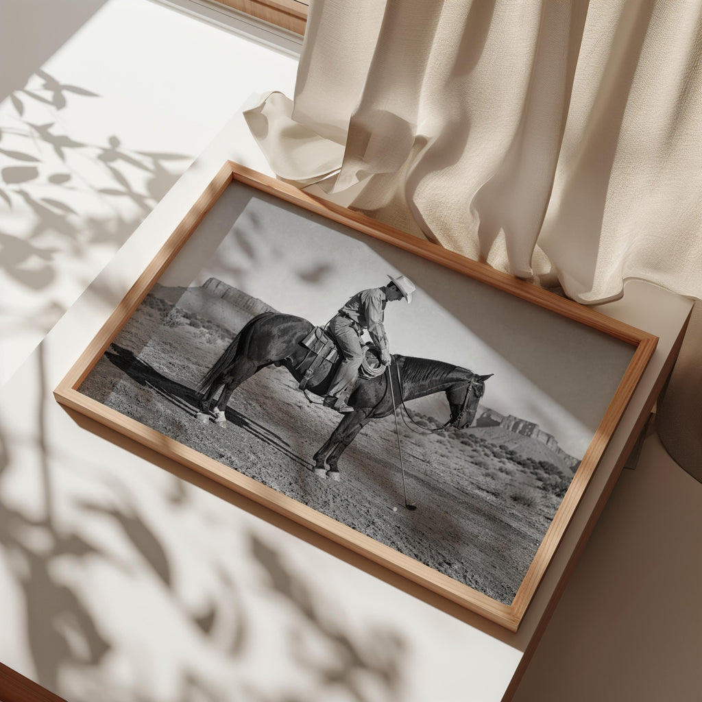 Cowboy Playing Golf Print, Vintage Western Wall Art, Black and White Horse Photography, Funny Golf Decor, Rustic Man Cave Poster