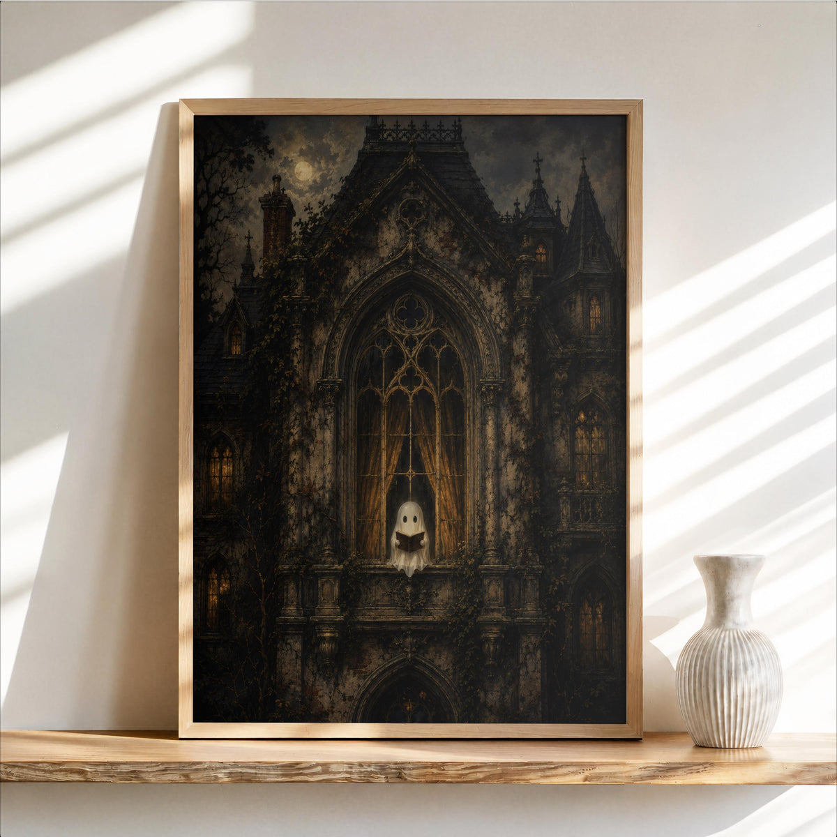 Ghost Reading in Haunted House Wall Art, Cute Dark Academia Decor, Cottagecore Halloween Print, Spooky Gothic Poster, Bookish Library Gift
