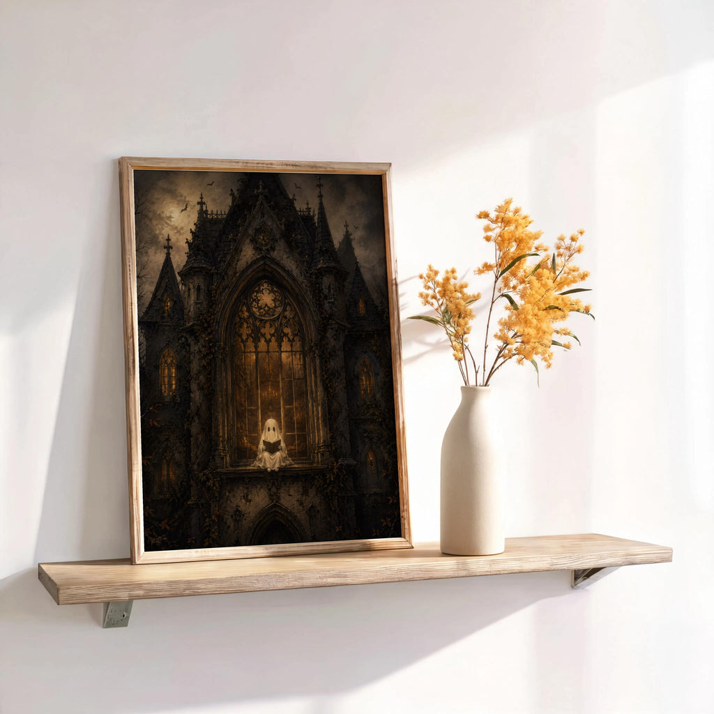Warm shelf display with gothic haunted house wall art leaning beside dried flowers, rustic vintage inspired Halloween art