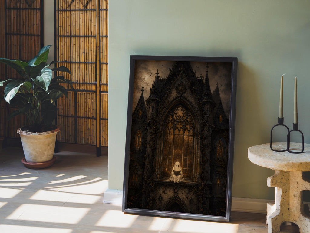 Leaning gothic haunted house wall art by sunlit window and potted plant, warm amber glow, gothic mansion print