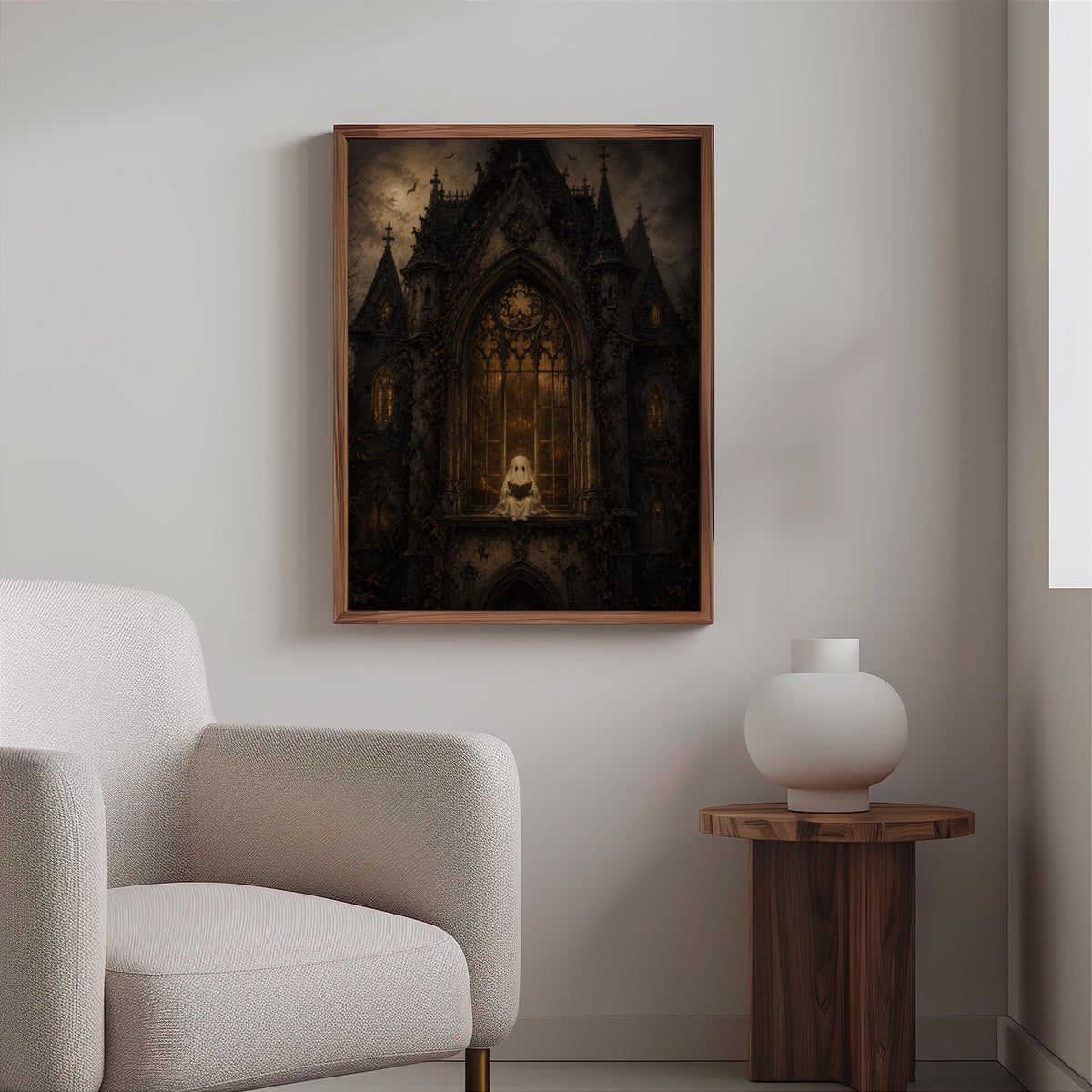 Gothic haunted house wall art centered over textured armchair, moody black and amber palette, haunted house art print
