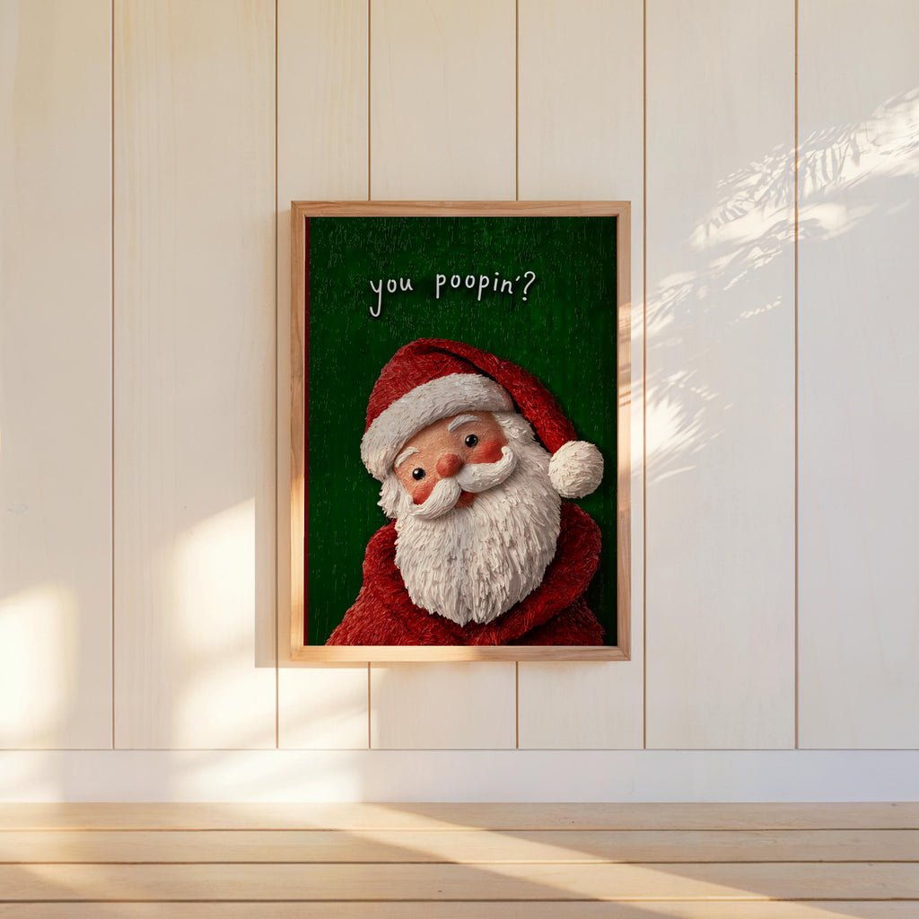 Slim framed Santa print centered on paneling, deep green backdrop and textured brushwork, offered as Santa bathroom decor and funny Christmas bathroom sign.