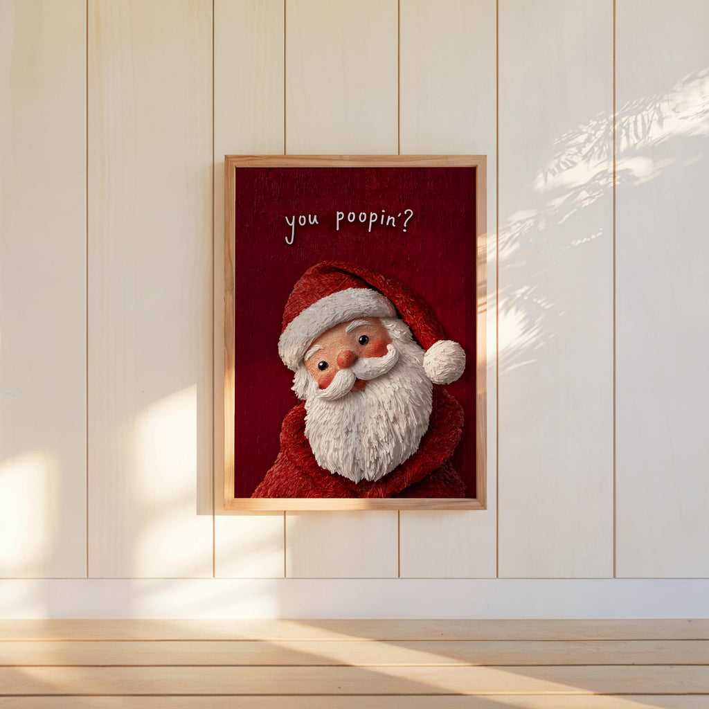 Wall-mounted framed Santa on white beadboard, warm sunlight on a red backdrop, marketed as festive guest bathroom decor and funny Christmas bathroom sign.