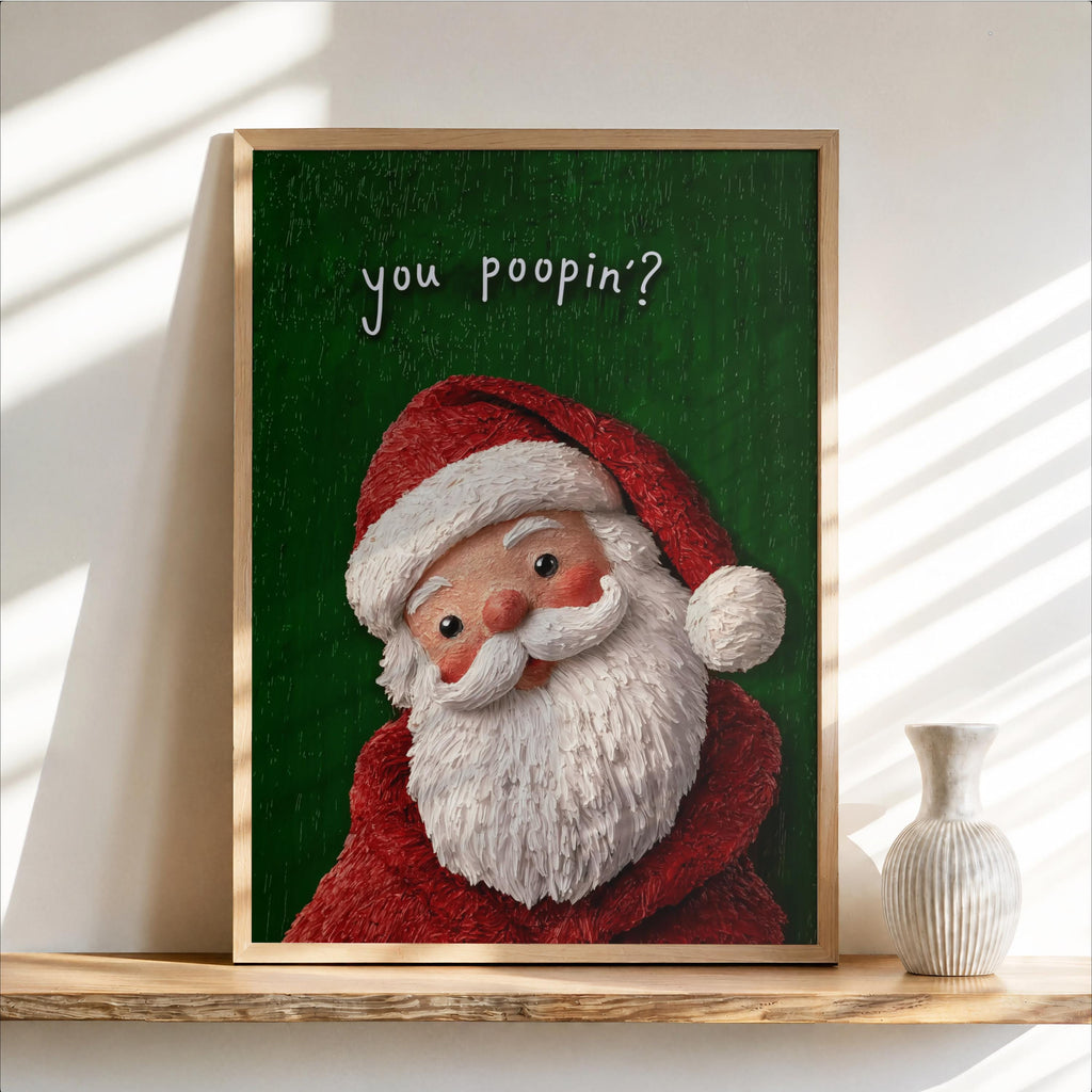 Green background close-up of nostalgic Santa face in a frame on a shelf, playful type, Christmas toilet sign and funny Christmas bathroom sign.