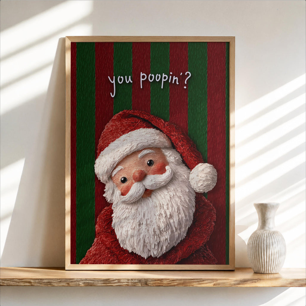 Framed vintage Santa with striped red and green background, cheeky 'You Poopin?', funny Christmas bathroom sign, Santa bathroom decor.