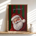Framed vintage Santa with striped red and green background, cheeky 'You Poopin?', funny Christmas bathroom sign, Santa bathroom decor.