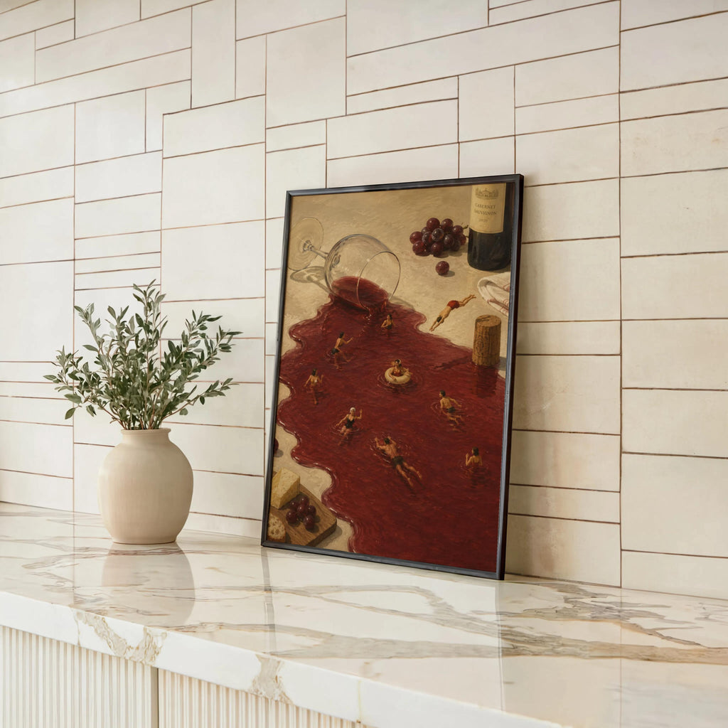 Tiny Swimmers in Red Wine Pool Wall Art, Surreal Funny Vineyard Print, Whimsical Dining Room Poster, French Kitchen Decor, Wine Lover Gift