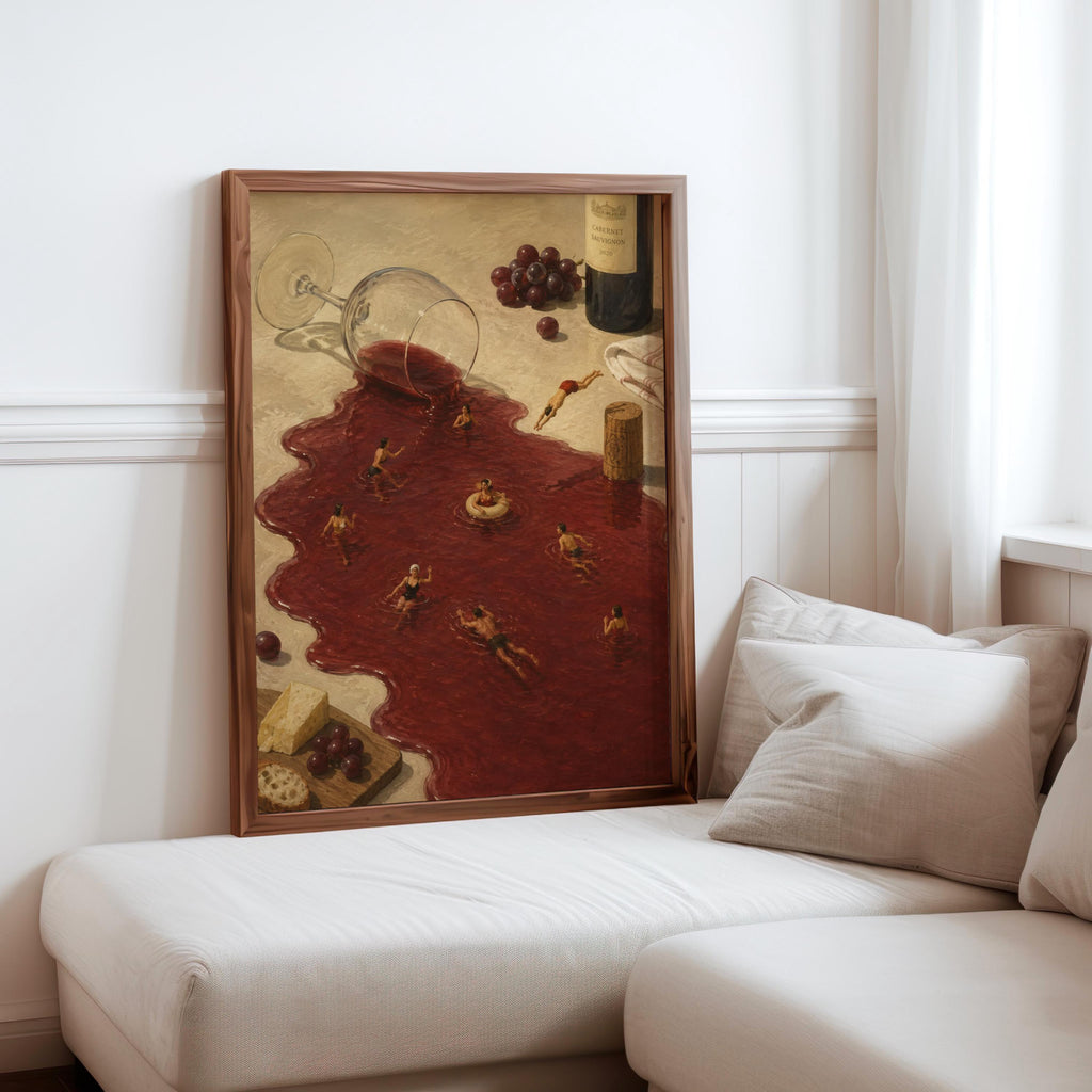 Tiny Swimmers in Red Wine Pool Wall Art, Surreal Funny Vineyard Print, Whimsical Dining Room Poster, French Kitchen Decor, Wine Lover Gift