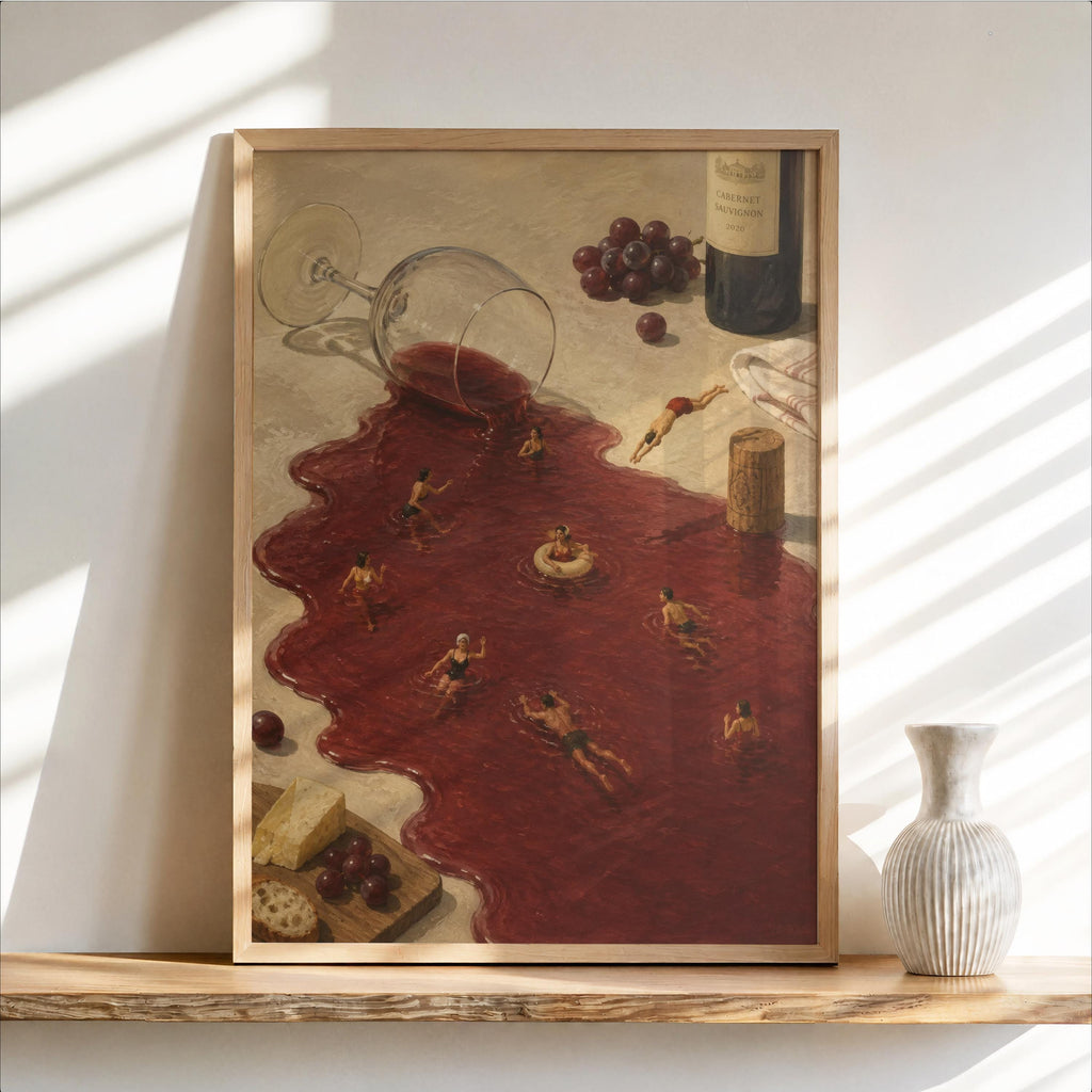 Tiny Swimmers in Red Wine Pool Wall Art, Surreal Funny Vineyard Print, Whimsical Dining Room Poster, French Kitchen Decor, Wine Lover Gift